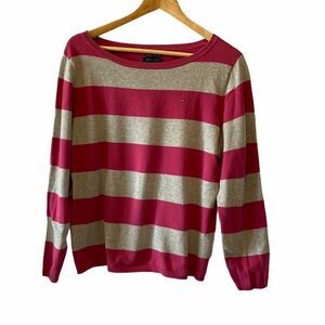 TOMMY HILFIGER Pink & Grey Preppy Striped Sweater